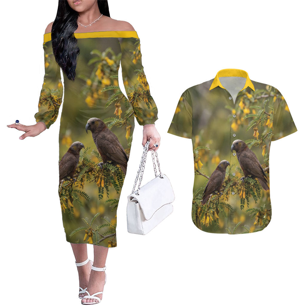 New Zealand Kaka Bird Couples Matching Off The Shoulder Long Sleeve Dress and Hawaiian Shirt Kowhai Flower Landscape Style