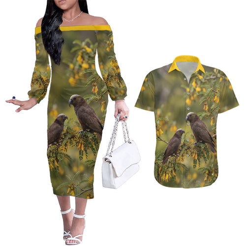 New Zealand Kaka Bird Couples Matching Off The Shoulder Long Sleeve Dress and Hawaiian Shirt Kowhai Flower Landscape Style