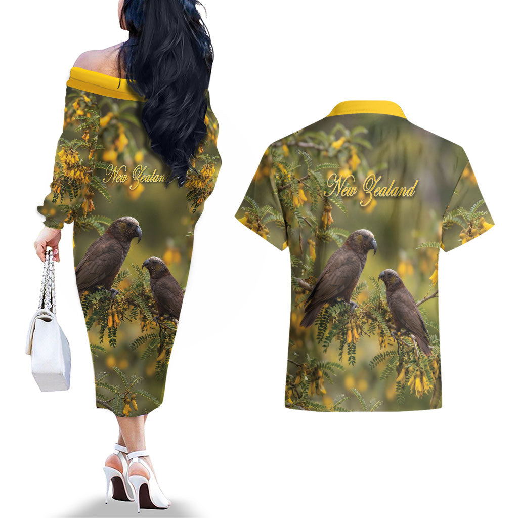 New Zealand Kaka Bird Couples Matching Off The Shoulder Long Sleeve Dress and Hawaiian Shirt Kowhai Flower Landscape Style