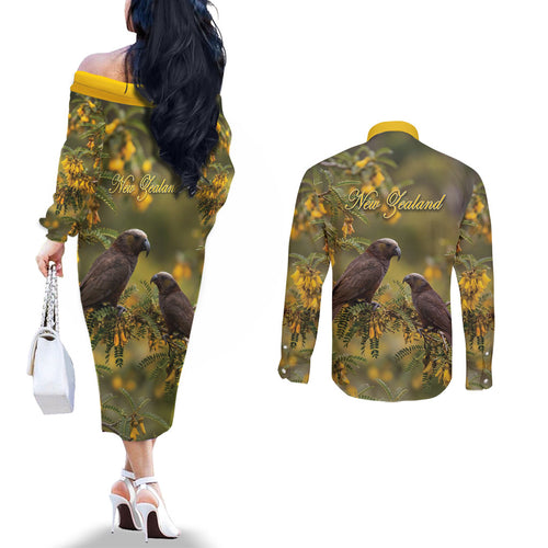 New Zealand Kaka Bird Couples Matching Off The Shoulder Long Sleeve Dress and Long Sleeve Button Shirt Kowhai Flower Landscape Style