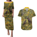 New Zealand Kaka Bird Couples Matching Puletasi and Hawaiian Shirt Kowhai Flower Landscape Style