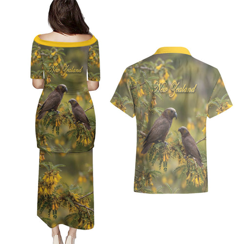 New Zealand Kaka Bird Couples Matching Puletasi and Hawaiian Shirt Kowhai Flower Landscape Style