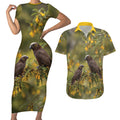 New Zealand Kaka Bird Couples Matching Short Sleeve Bodycon Dress and Hawaiian Shirt Kowhai Flower Landscape Style