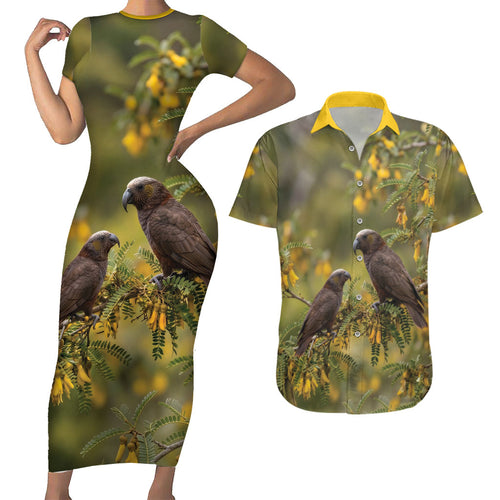 New Zealand Kaka Bird Couples Matching Short Sleeve Bodycon Dress and Hawaiian Shirt Kowhai Flower Landscape Style