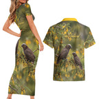 New Zealand Kaka Bird Couples Matching Short Sleeve Bodycon Dress and Hawaiian Shirt Kowhai Flower Landscape Style