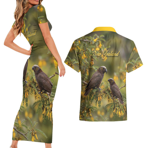 New Zealand Kaka Bird Couples Matching Short Sleeve Bodycon Dress and Hawaiian Shirt Kowhai Flower Landscape Style