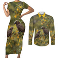 New Zealand Kaka Bird Couples Matching Short Sleeve Bodycon Dress and Long Sleeve Button Shirt Kowhai Flower Landscape Style