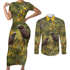 New Zealand Kaka Bird Couples Matching Short Sleeve Bodycon Dress and Long Sleeve Button Shirt Kowhai Flower Landscape Style
