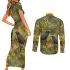 New Zealand Kaka Bird Couples Matching Short Sleeve Bodycon Dress and Long Sleeve Button Shirt Kowhai Flower Landscape Style