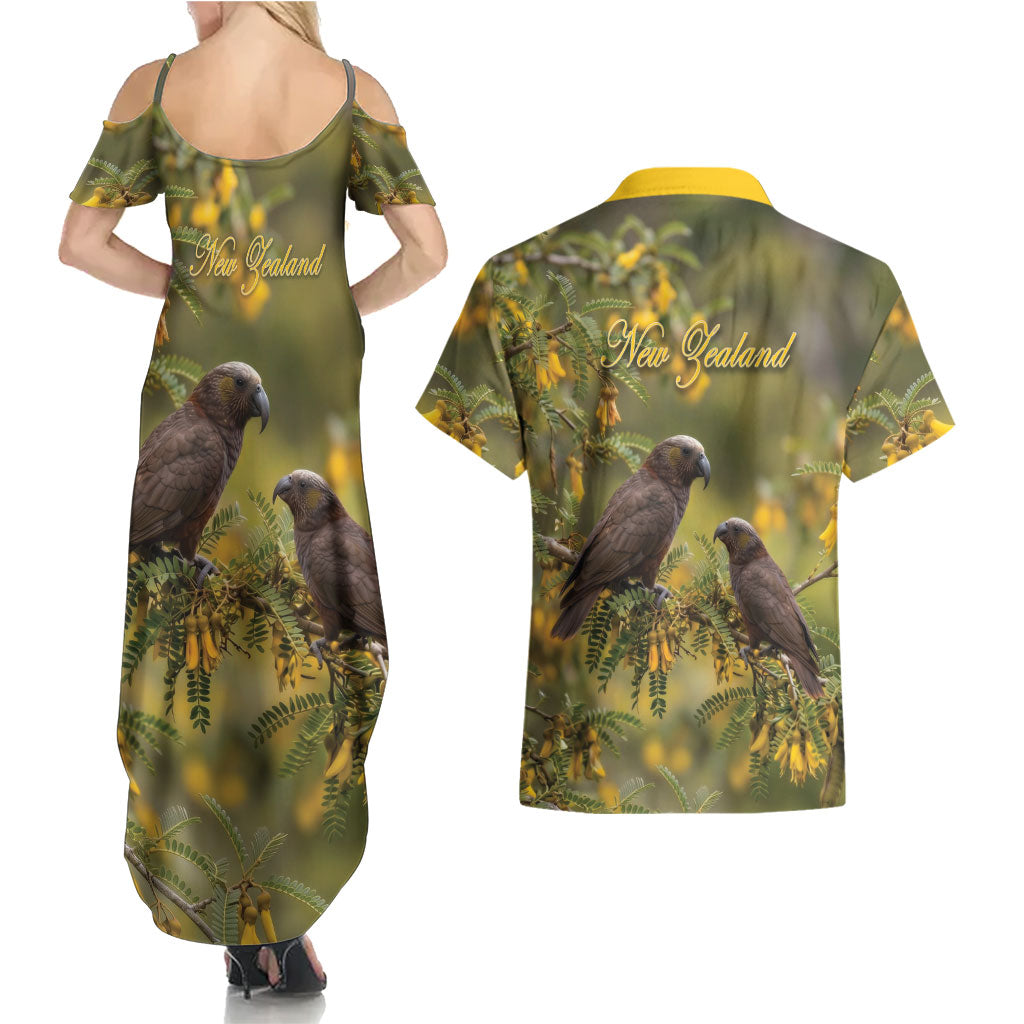 New Zealand Kaka Bird Couples Matching Summer Maxi Dress and Hawaiian Shirt Kowhai Flower Landscape Style