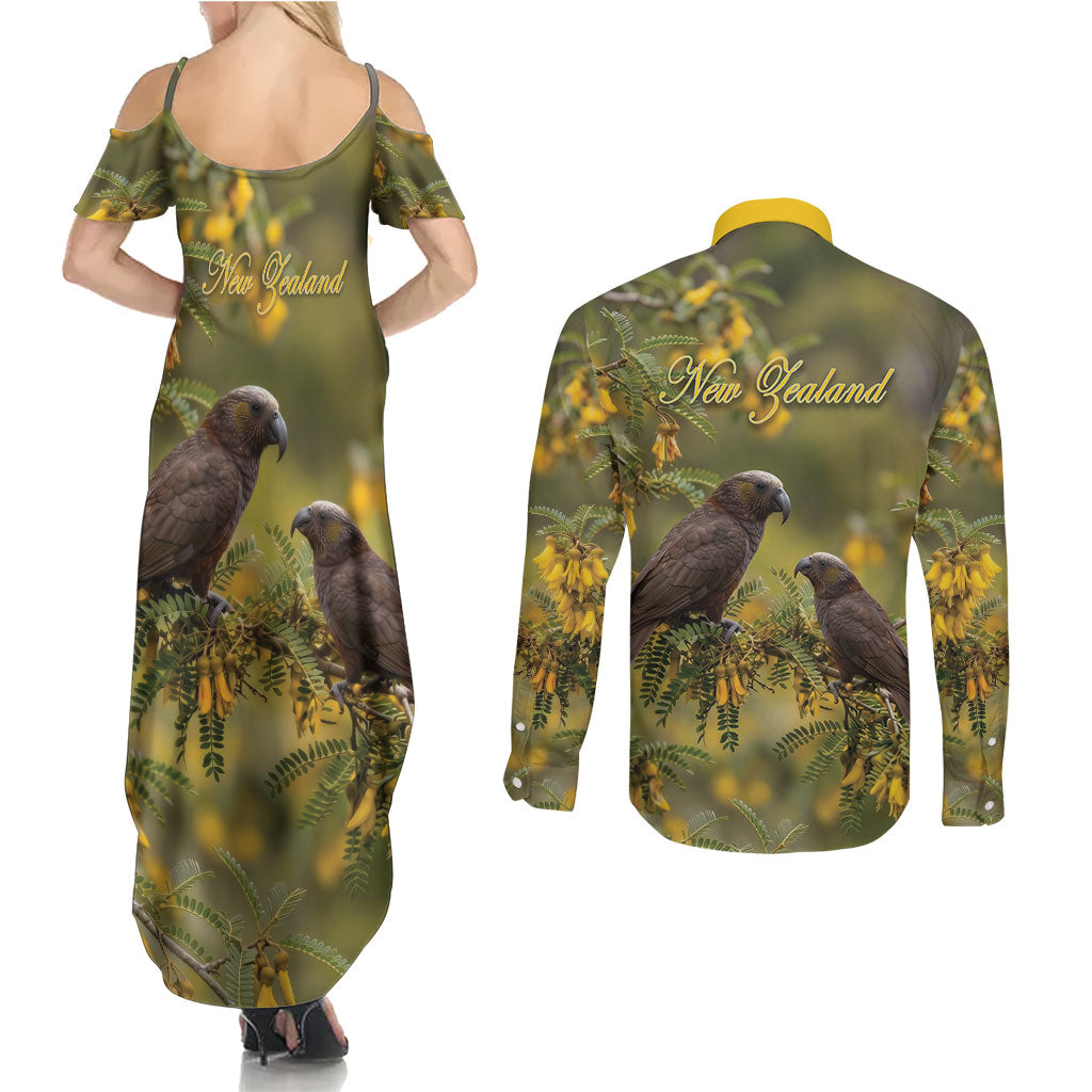 New Zealand Kaka Bird Couples Matching Summer Maxi Dress and Long Sleeve Button Shirt Kowhai Flower Landscape Style