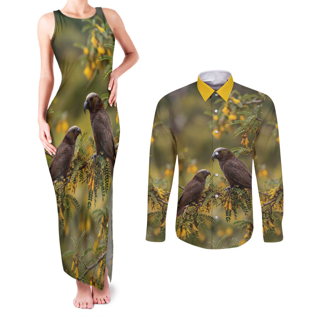 New Zealand Kaka Bird Couples Matching Tank Maxi Dress and Long Sleeve Button Shirt Kowhai Flower Landscape Style