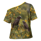 New Zealand Kaka Bird Cross Shoulder Shirt Kowhai Flower Landscape Style