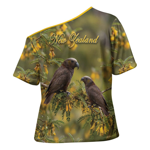 New Zealand Kaka Bird Cross Shoulder Shirt Kowhai Flower Landscape Style