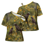 New Zealand Kaka Bird Cross Shoulder Shirt Kowhai Flower Landscape Style