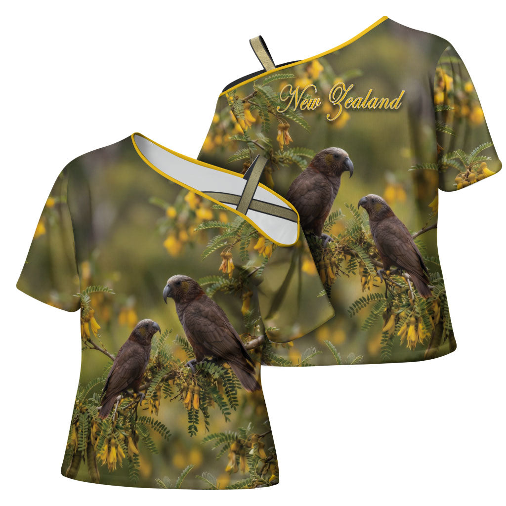 New Zealand Kaka Bird Cross Shoulder Shirt Kowhai Flower Landscape Style