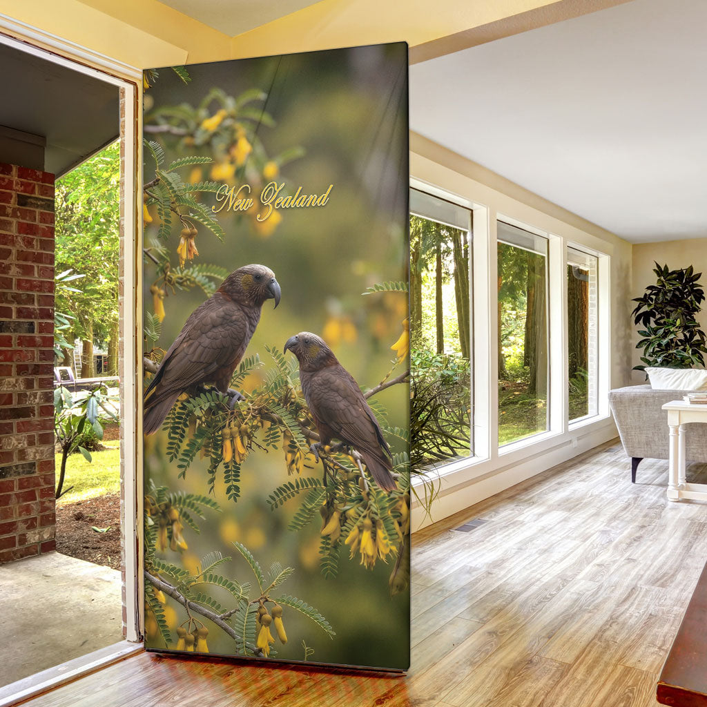 New Zealand Kaka Bird Door Cover Kowhai Flower Landscape Style