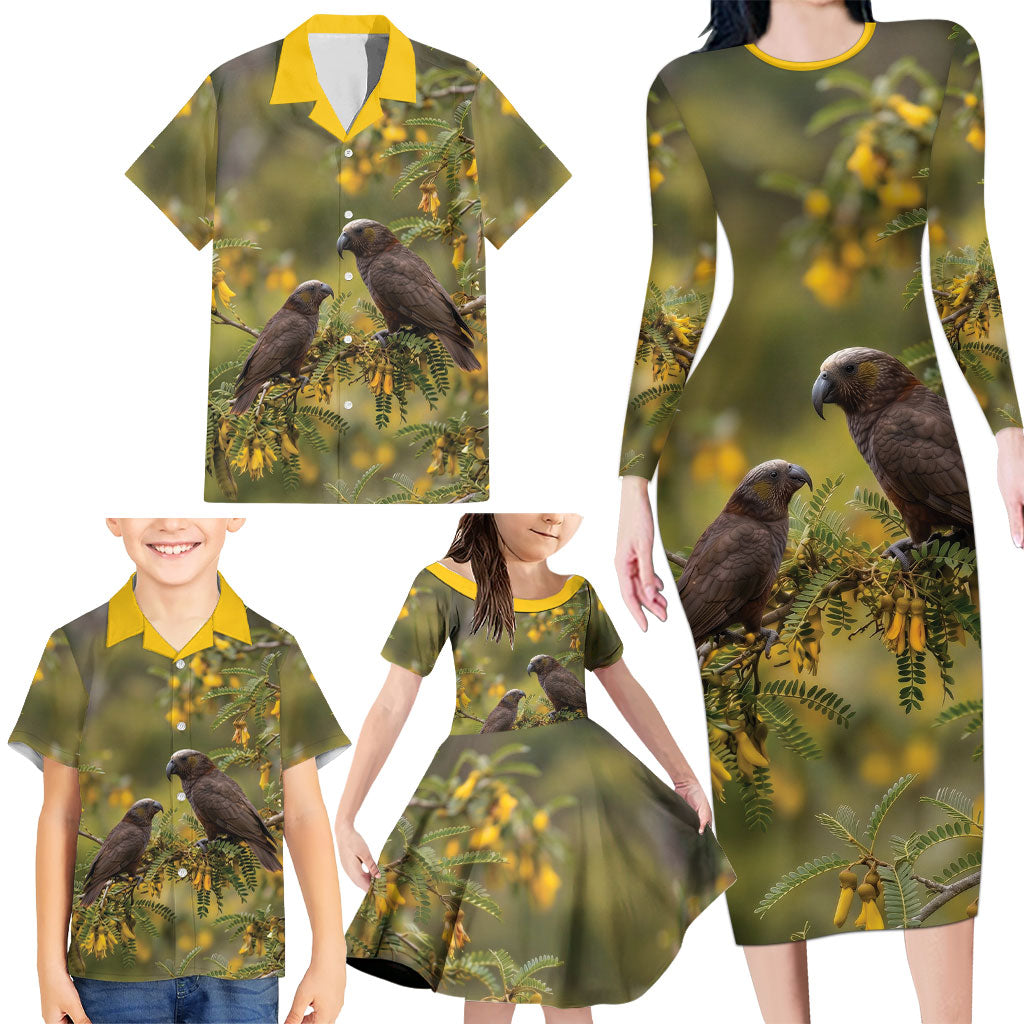New Zealand Kaka Bird Family Matching Long Sleeve Bodycon Dress and Hawaiian Shirt Kowhai Flower Landscape Style