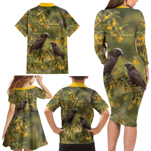 New Zealand Kaka Bird Family Matching Long Sleeve Bodycon Dress and Hawaiian Shirt Kowhai Flower Landscape Style