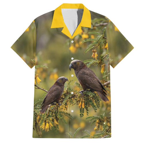 New Zealand Kaka Bird Family Matching Long Sleeve Bodycon Dress and Hawaiian Shirt Kowhai Flower Landscape Style