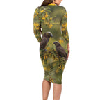 New Zealand Kaka Bird Family Matching Long Sleeve Bodycon Dress and Hawaiian Shirt Kowhai Flower Landscape Style