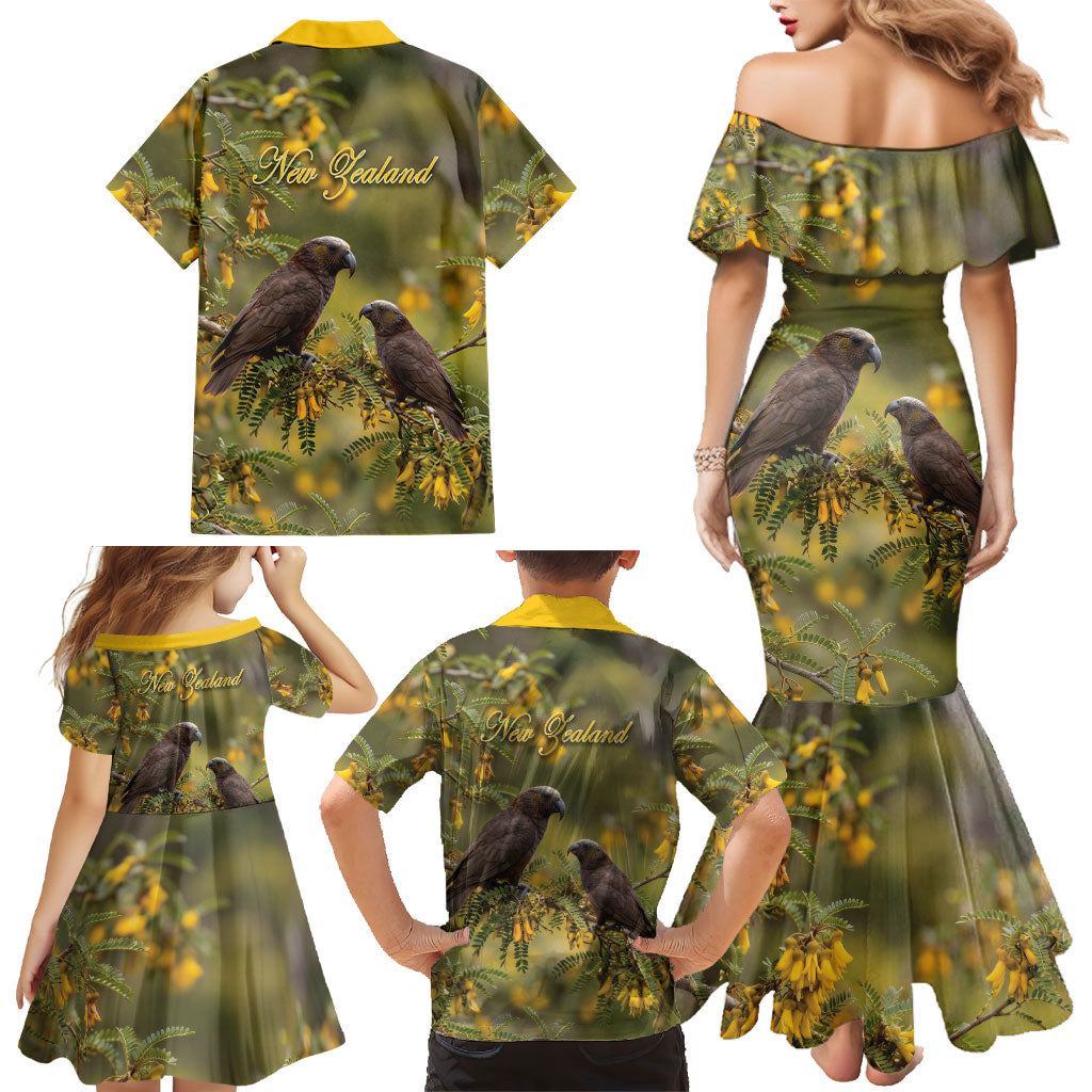 New Zealand Kaka Bird Family Matching Mermaid Dress and Hawaiian Shirt Kowhai Flower Landscape Style