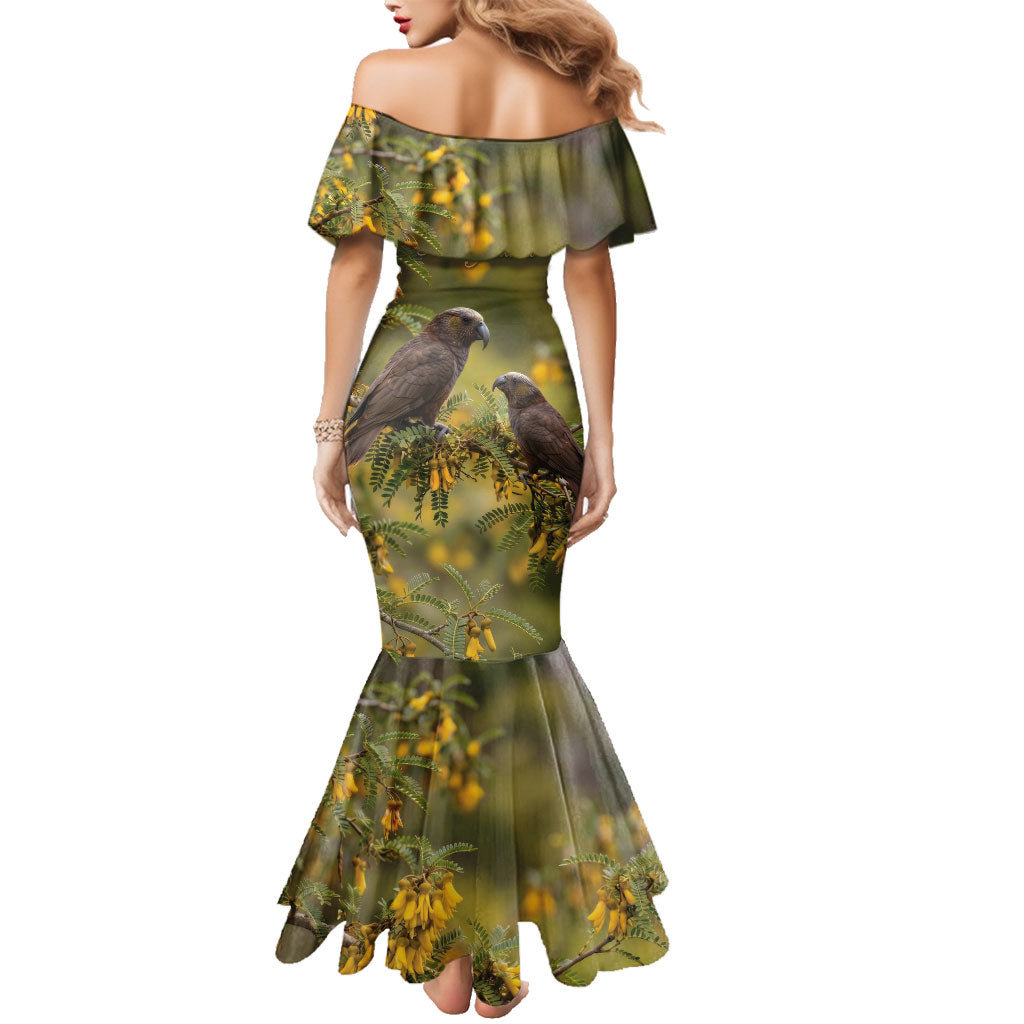 New Zealand Kaka Bird Family Matching Mermaid Dress and Hawaiian Shirt Kowhai Flower Landscape Style