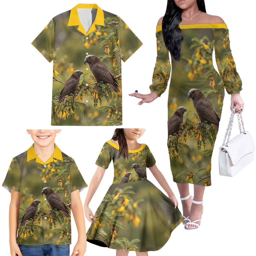 New Zealand Kaka Bird Family Matching Off The Shoulder Long Sleeve Dress and Hawaiian Shirt Kowhai Flower Landscape Style