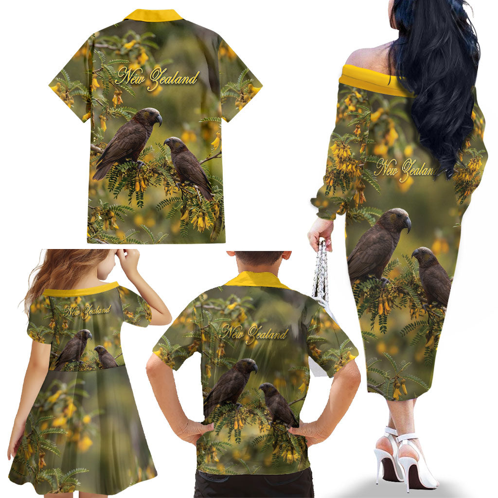New Zealand Kaka Bird Family Matching Off The Shoulder Long Sleeve Dress and Hawaiian Shirt Kowhai Flower Landscape Style