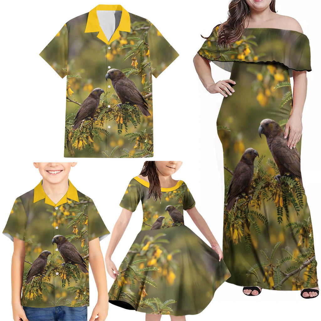 New Zealand Kaka Bird Family Matching Off Shoulder Maxi Dress and Hawaiian Shirt Kowhai Flower Landscape Style