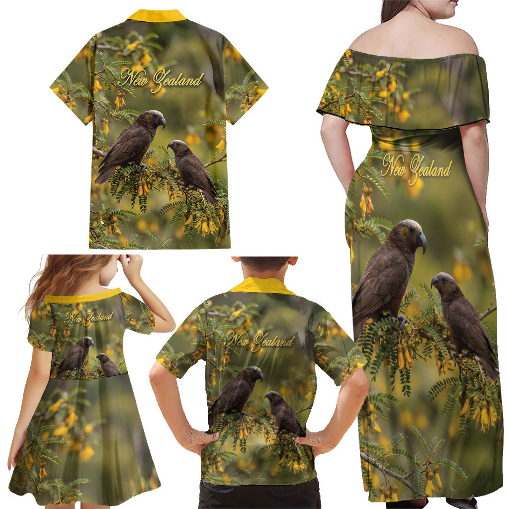 New Zealand Kaka Bird Family Matching Off Shoulder Maxi Dress and Hawaiian Shirt Kowhai Flower Landscape Style