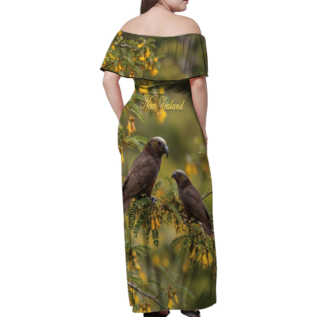 New Zealand Kaka Bird Family Matching Off Shoulder Maxi Dress and Hawaiian Shirt Kowhai Flower Landscape Style
