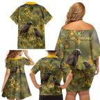 New Zealand Kaka Bird Family Matching Off Shoulder Short Dress and Hawaiian Shirt Kowhai Flower Landscape Style