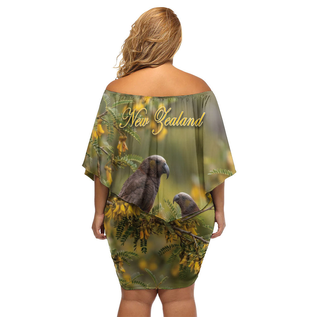 New Zealand Kaka Bird Family Matching Off Shoulder Short Dress and Hawaiian Shirt Kowhai Flower Landscape Style