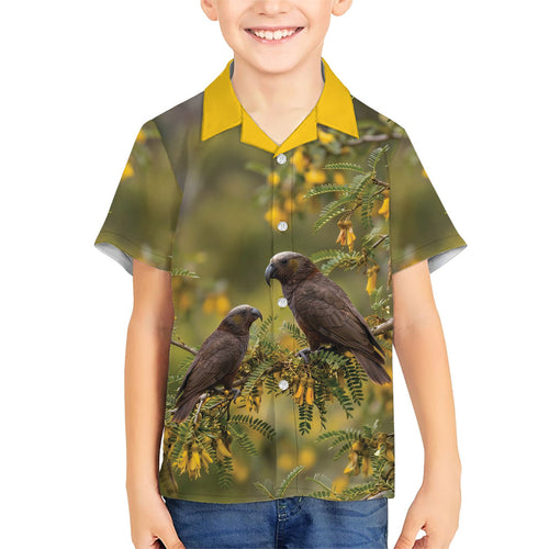 New Zealand Kaka Bird Family Matching Off Shoulder Short Dress and Hawaiian Shirt Kowhai Flower Landscape Style