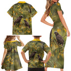 New Zealand Kaka Bird Family Matching Short Sleeve Bodycon Dress and Hawaiian Shirt Kowhai Flower Landscape Style