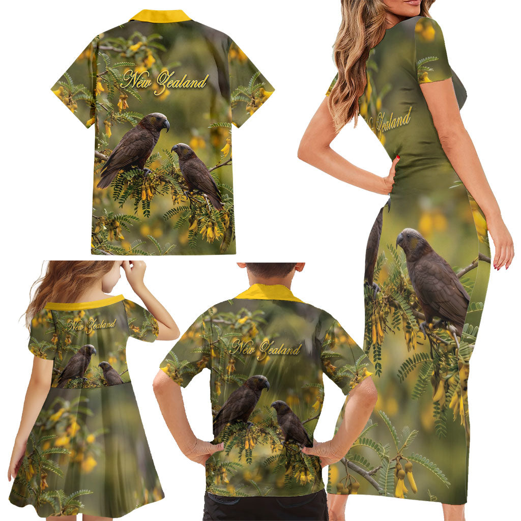 New Zealand Kaka Bird Family Matching Short Sleeve Bodycon Dress and Hawaiian Shirt Kowhai Flower Landscape Style