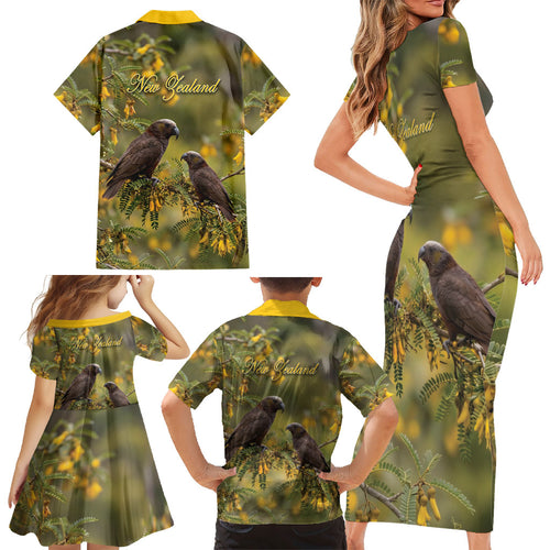 New Zealand Kaka Bird Family Matching Short Sleeve Bodycon Dress and Hawaiian Shirt Kowhai Flower Landscape Style
