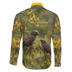 New Zealand Kaka Bird Family Matching Short Sleeve Bodycon Dress and Hawaiian Shirt Kowhai Flower Landscape Style