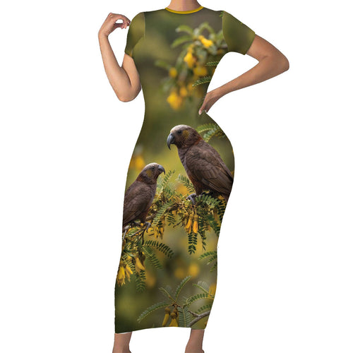 New Zealand Kaka Bird Family Matching Short Sleeve Bodycon Dress and Hawaiian Shirt Kowhai Flower Landscape Style