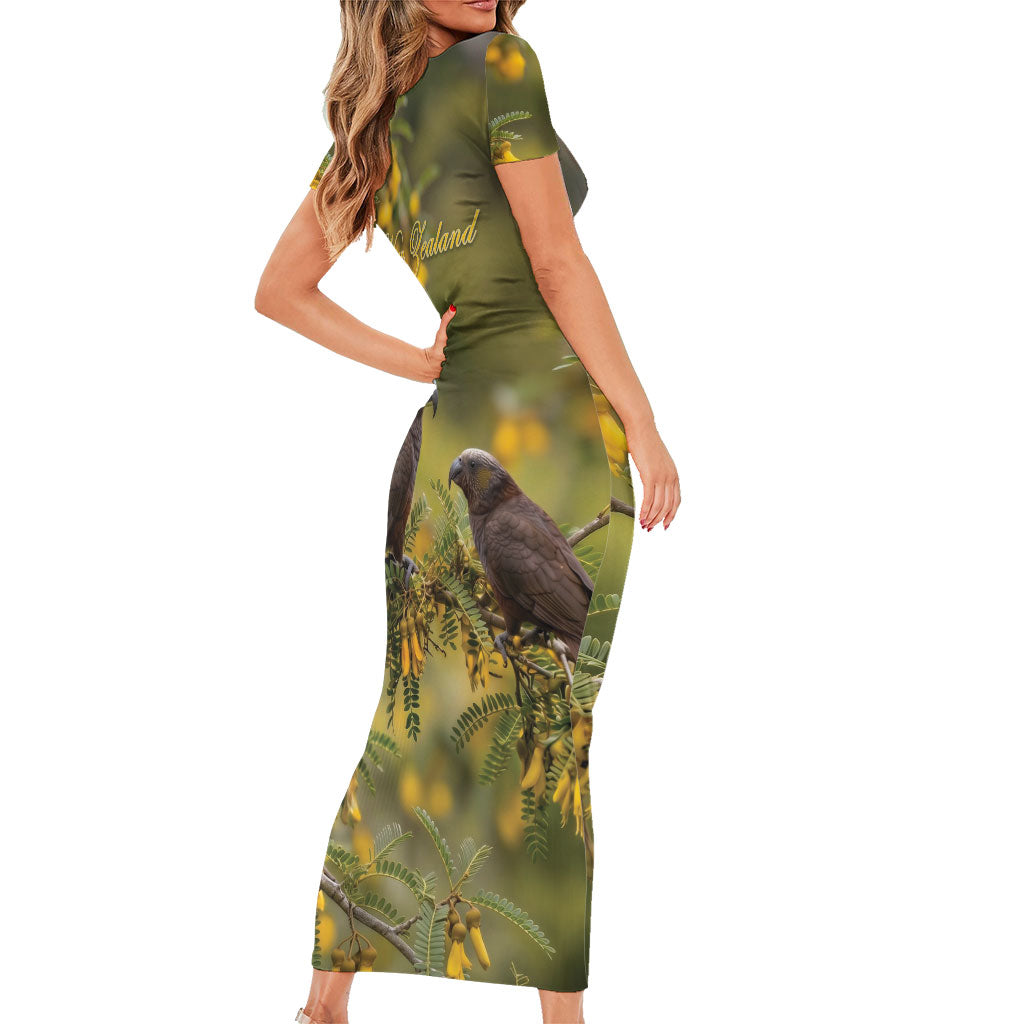 New Zealand Kaka Bird Family Matching Short Sleeve Bodycon Dress and Hawaiian Shirt Kowhai Flower Landscape Style