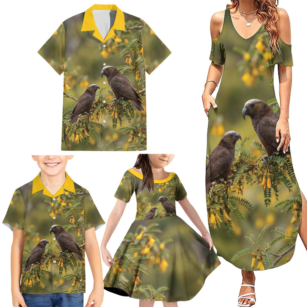 New Zealand Kaka Bird Family Matching Summer Maxi Dress and Hawaiian Shirt Kowhai Flower Landscape Style
