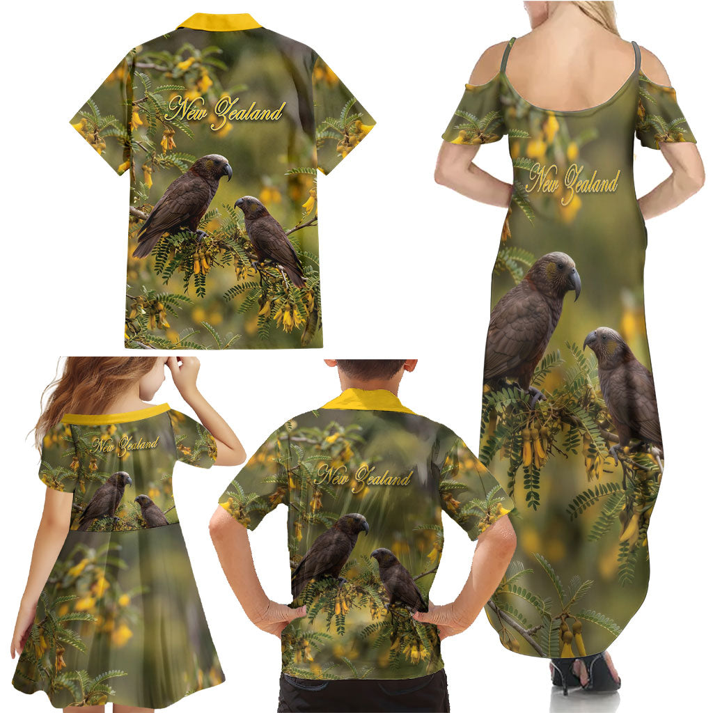 New Zealand Kaka Bird Family Matching Summer Maxi Dress and Hawaiian Shirt Kowhai Flower Landscape Style