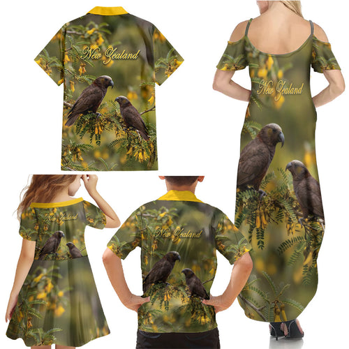 New Zealand Kaka Bird Family Matching Summer Maxi Dress and Hawaiian Shirt Kowhai Flower Landscape Style
