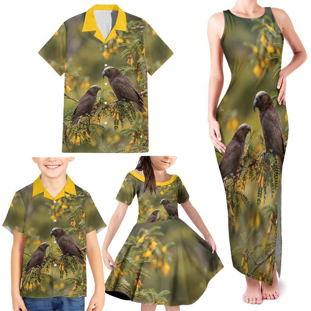 New Zealand Kaka Bird Family Matching Tank Maxi Dress and Hawaiian Shirt Kowhai Flower Landscape Style