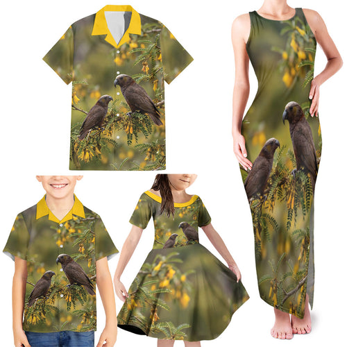 New Zealand Kaka Bird Family Matching Tank Maxi Dress and Hawaiian Shirt Kowhai Flower Landscape Style