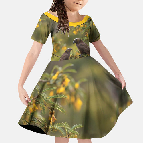 New Zealand Kaka Bird Family Matching Tank Maxi Dress and Hawaiian Shirt Kowhai Flower Landscape Style