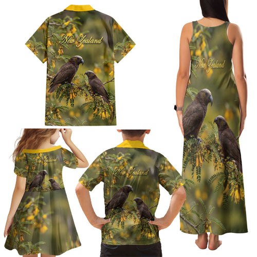 New Zealand Kaka Bird Family Matching Tank Maxi Dress and Hawaiian Shirt Kowhai Flower Landscape Style