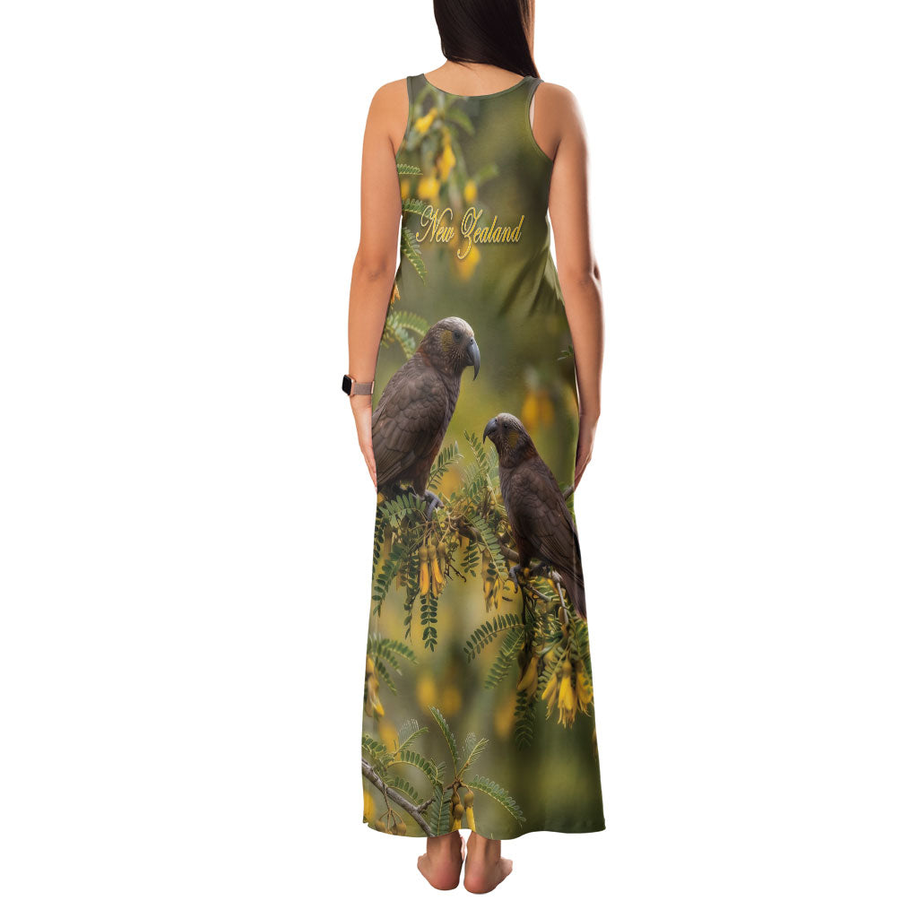 New Zealand Kaka Bird Family Matching Tank Maxi Dress and Hawaiian Shirt Kowhai Flower Landscape Style