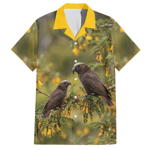 New Zealand Kaka Bird Hawaiian Shirt Kowhai Flower Landscape Style